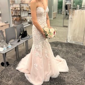 Dress is white lace with a blush silk lining, hemmed with bustle